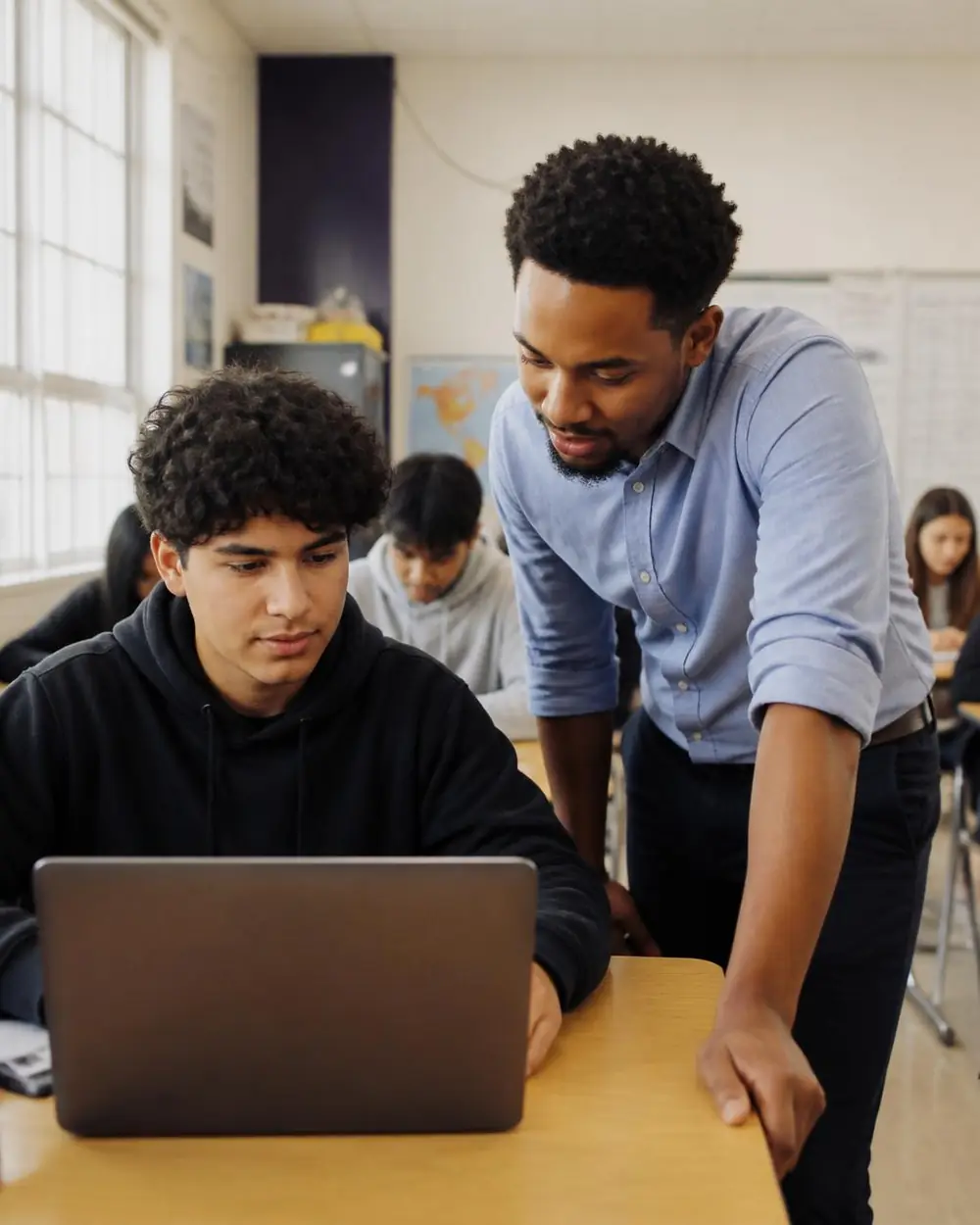 Teacher and student reviewing a laptop in a classroom