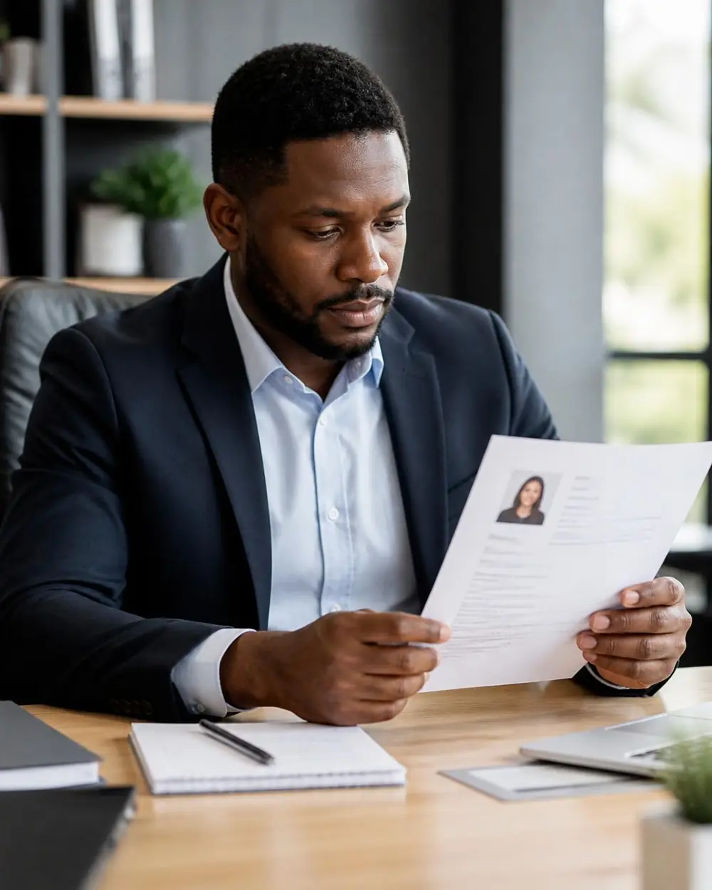 Professional verifying a resume headshot at the office